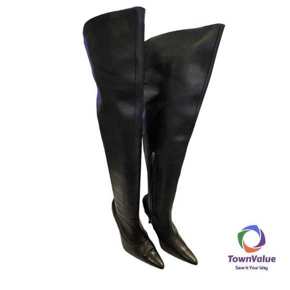 Colin Stuart Womens Pointed Toe Boots Black Leather Zipper Over Knee Zip 5 M - Picture 4 of 8